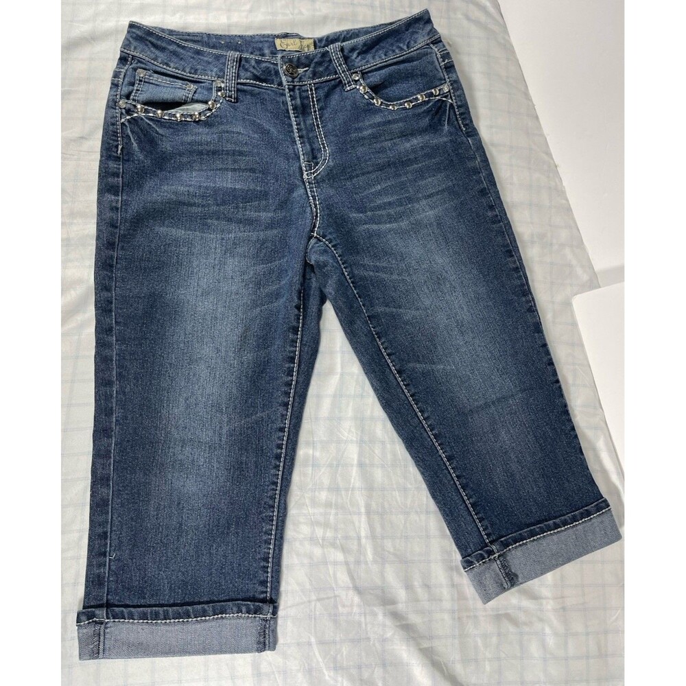 Earl Jean Women's Size 8 Blue Denim Capri Jeans - Embellished Pockets